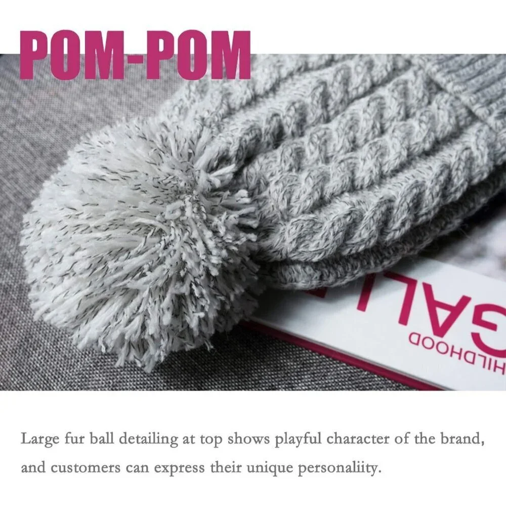 Women's Gray Gray Hat Winter Warm Imported Fleece Lining Wool Knit Thick Gloves